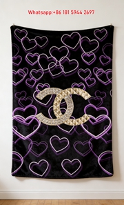 Chanel Luxury Flannel Sofa Throw Blanket - Neon Purple Hearts & Crystal CC Logo Print IMG_7297